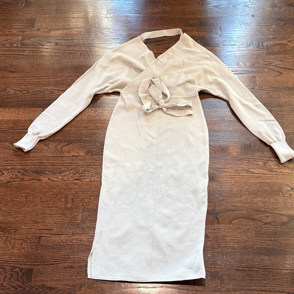 Elegant Silver Sweater Dress with wrap belt